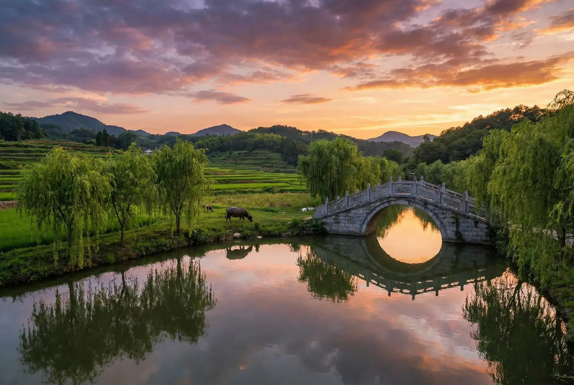 夕阳下的石拱桥与垂柳，水牛在河边吃草 - a片网址 乡村美景
